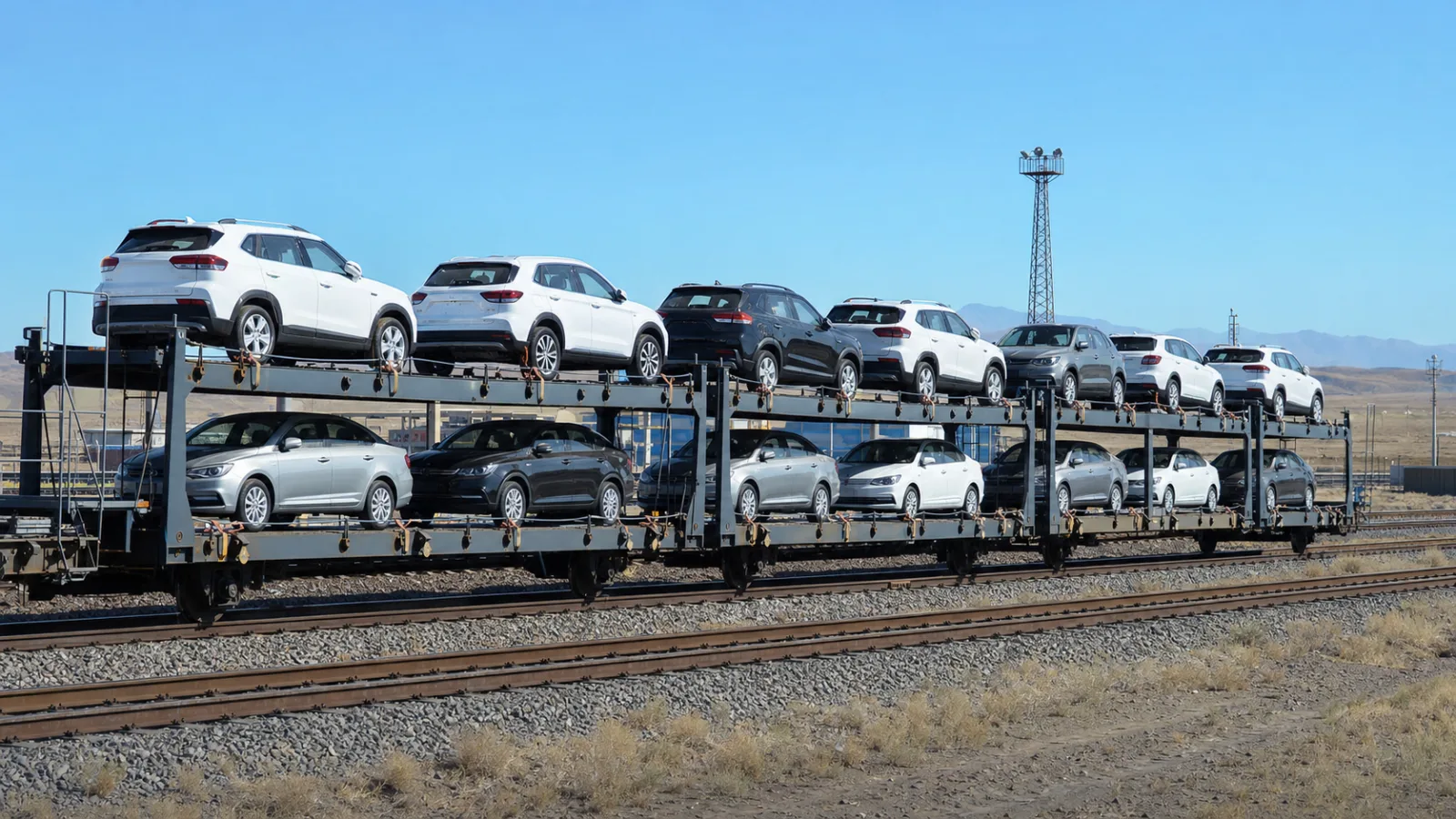 Passenger cars secured on an export block train bound for Central Asia