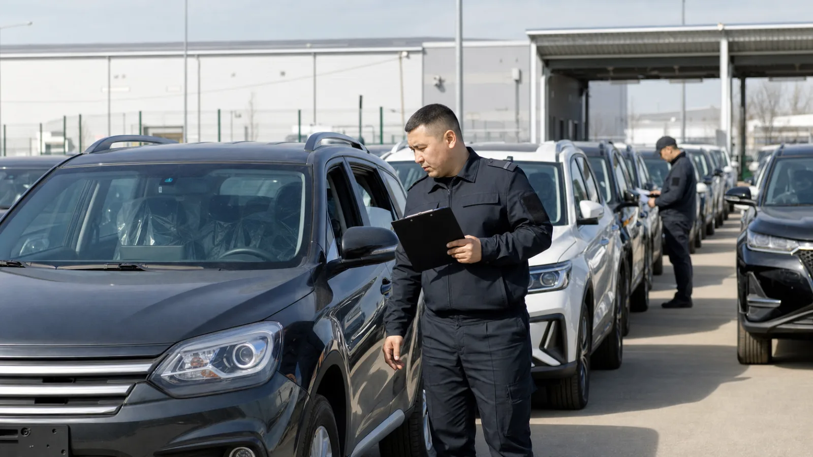 Imported vehicles at a customs clearance yard in Kazakhstan