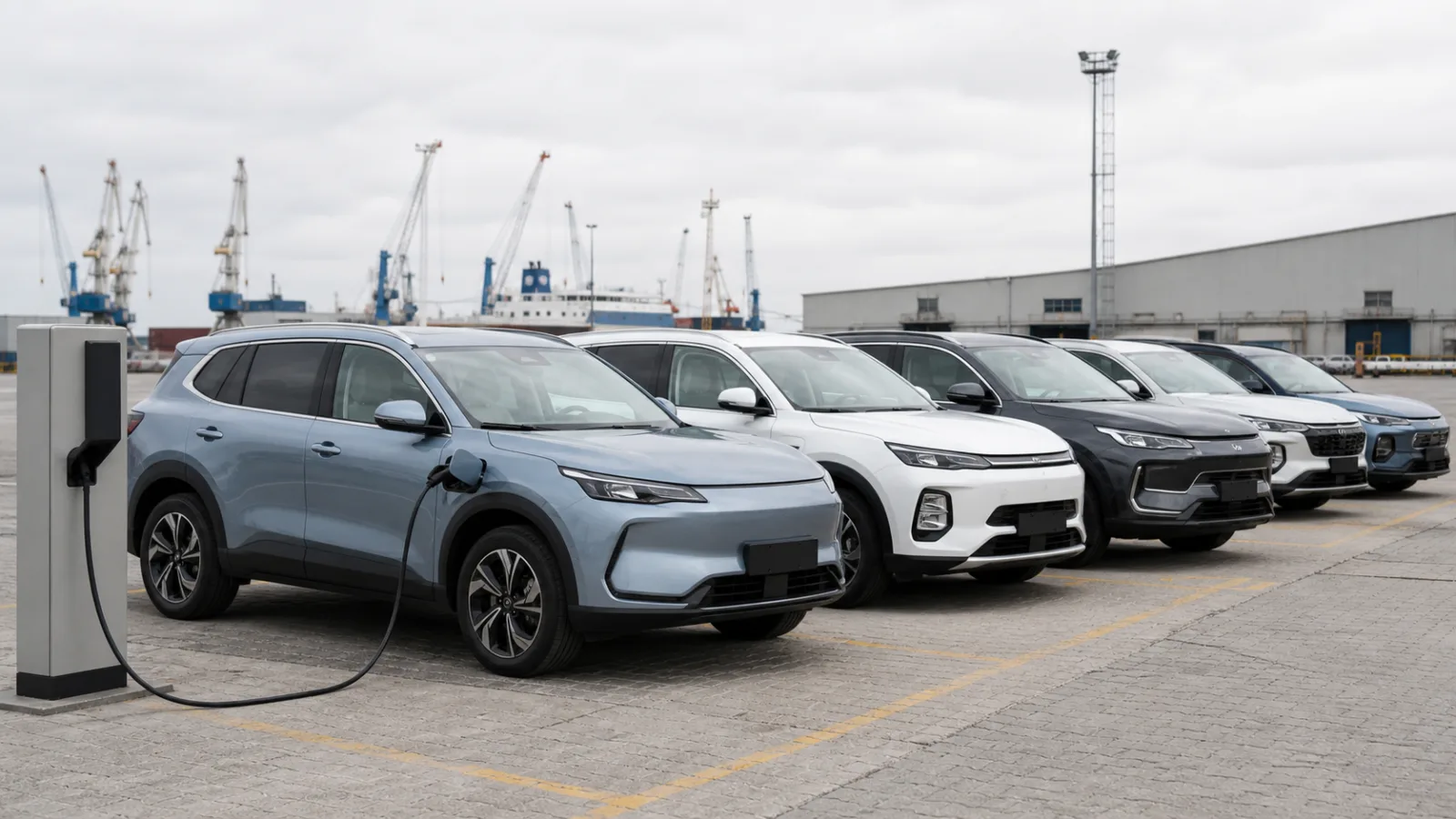 Battery-electric and hybrid Chinese SUVs lined up at an export yard, one charging