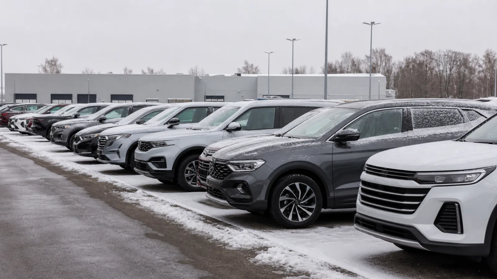 Rows of new Chinese SUVs in a snow-dusted dealer inventory yard